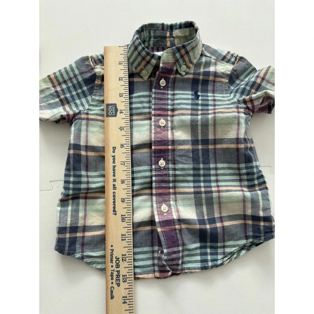 RALPH LAUREN Boys Lot of 2 Plaid Dress Madras Shirt | Romper Rugby Shortall- 12M